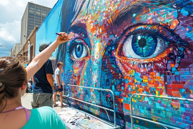 Photo a man is painting a mural of a face with the eyes drawn on it