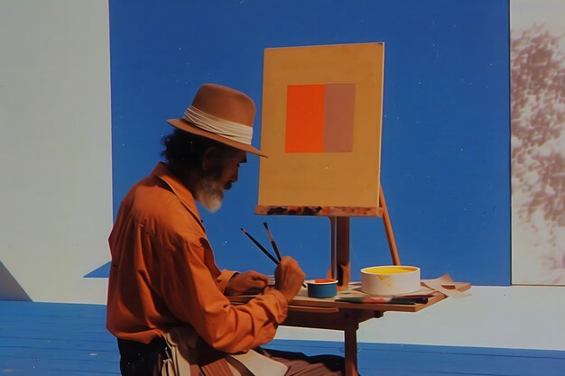 a man is painting a picture of a painting with an orange square on it