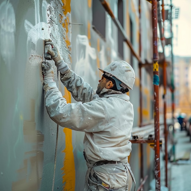 a man is painting a wall with graffiti on it