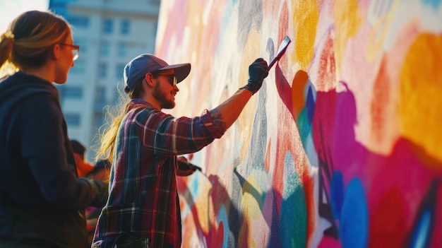 Photo a man is painting a wall with a paint brush