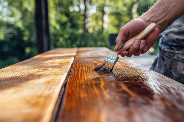 Photo a man is painting a wooden table with a brush generative ai image