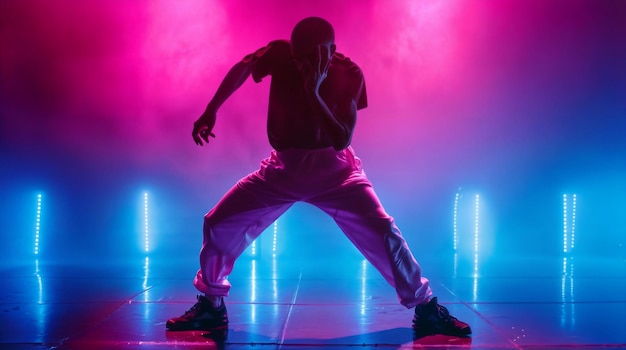 a man is performing in a red light with neon lights