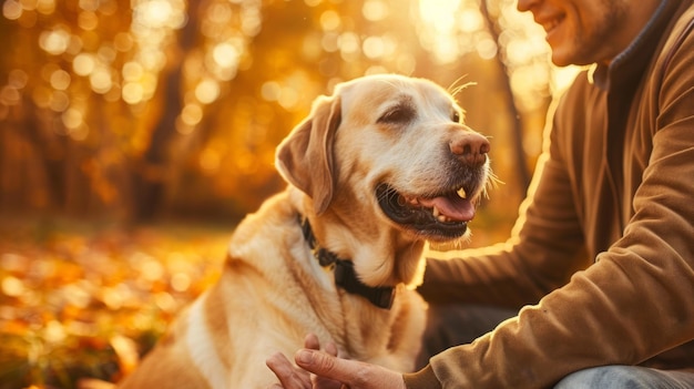 A man is petting a dog in a park