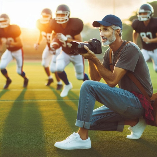 man is photographing football players on a football field