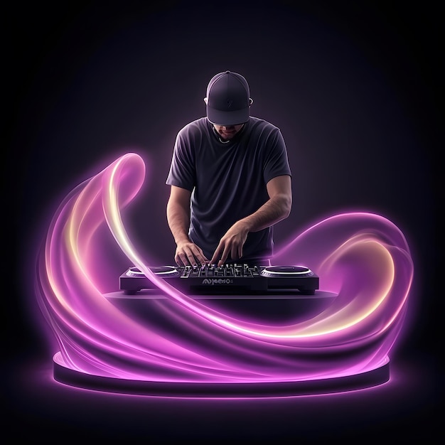 Photo a man is playing a dj set up with a purple background