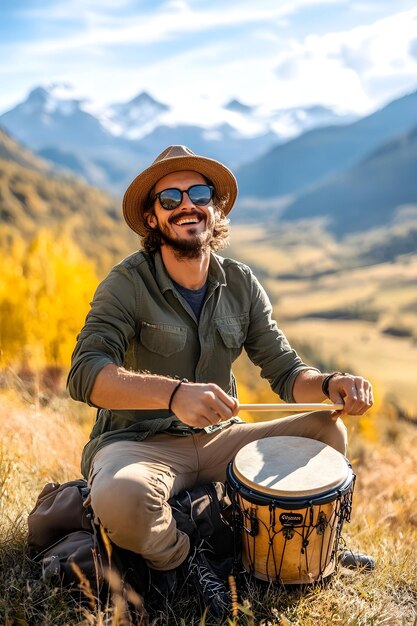 Photo a man is playing a drum with the letter f on it