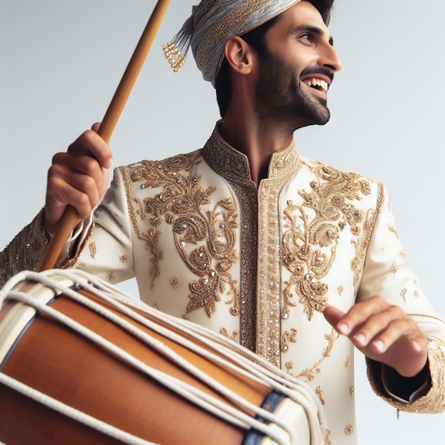 Photo a man is playing the drums with a gold and white cloth