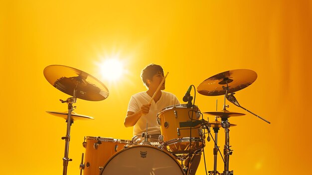 Photo a man is playing drums with the sun behind him