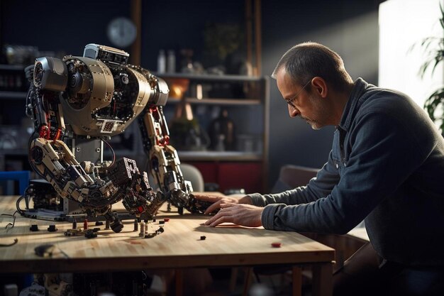 Photo a man is playing a game of chess with a robot on the table