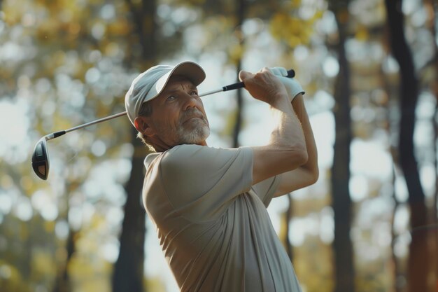 Photo a man is playing golf and is looking up at the camera