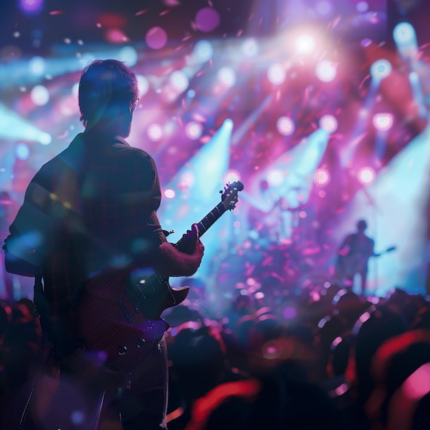 A man is playing guitar at a concert