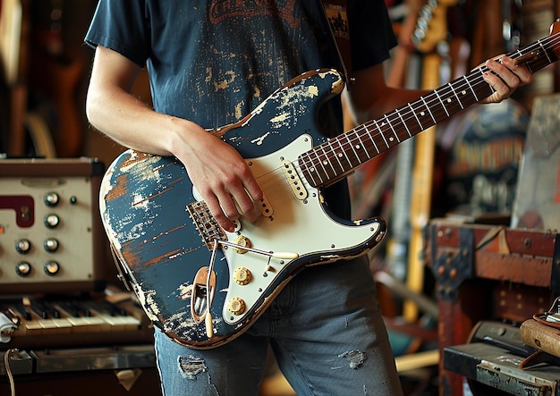 a man is playing a guitar with a blue shirt that says  the word guitar