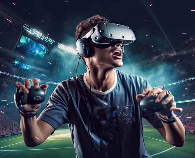 man is playing Mobile football game with Virtual Reality VR headset