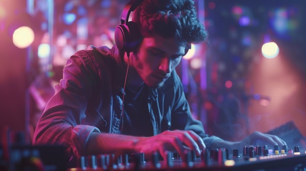 a man is playing music with a keyboard and headphones