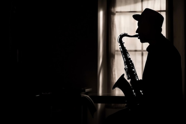 a man is playing a saxophone in a dark room