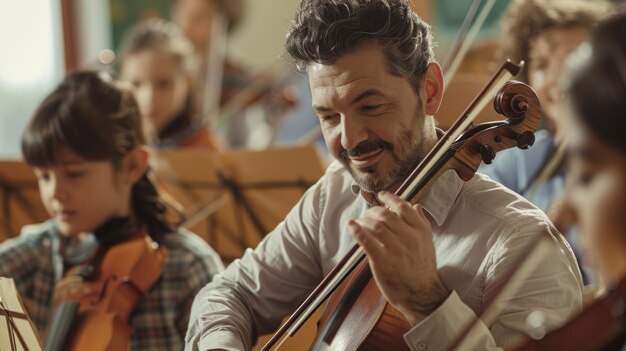 A man is playing a violin in front of a group of children