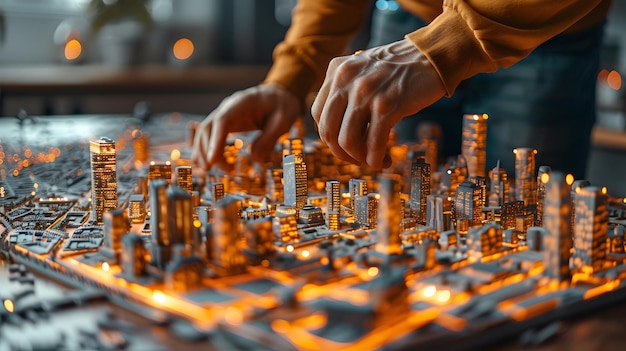 A man is playing with a model of a city The city is lit up with lights giving it a warm and inviting atmosphere The man is using his hands to manipulate the model creating a sense of connection