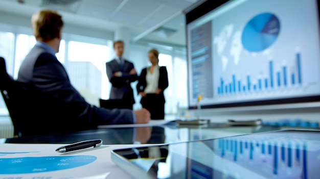 Photo a man is pointing at a computer screen with a blue graph on the screen