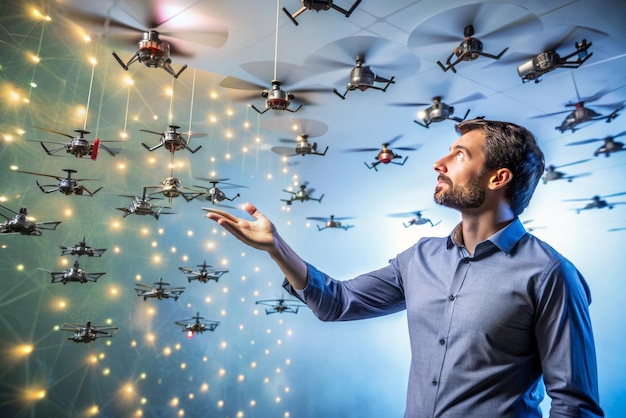 A man is pointing at a display of drones