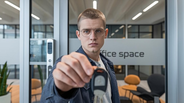 Photo a man is pointing at a parking meter in front of a sign that says space space