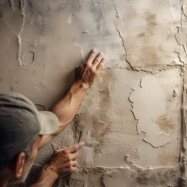 a man is pointing to a wall that has a finger pointing to the wall