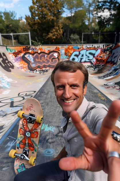 Photo a man is posing in front of a graffiti covered skateboard