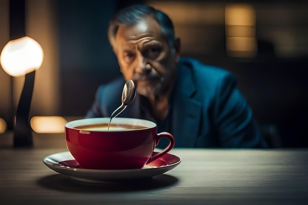 a man is pouring a spoon into a cup of coffee