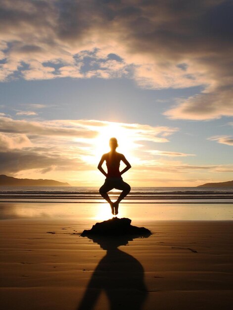 a man is practicing yoga on the beach at sunset.