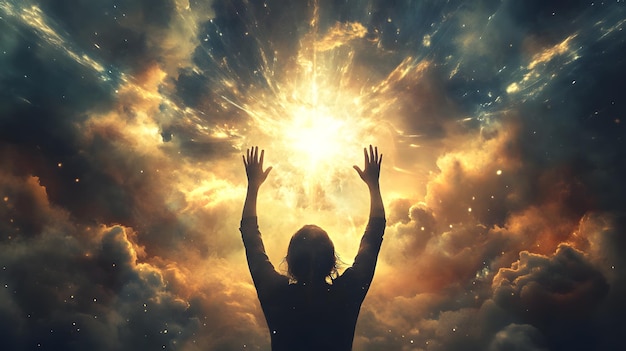 Photo a man is praying in the sky with his hands raised up in the air