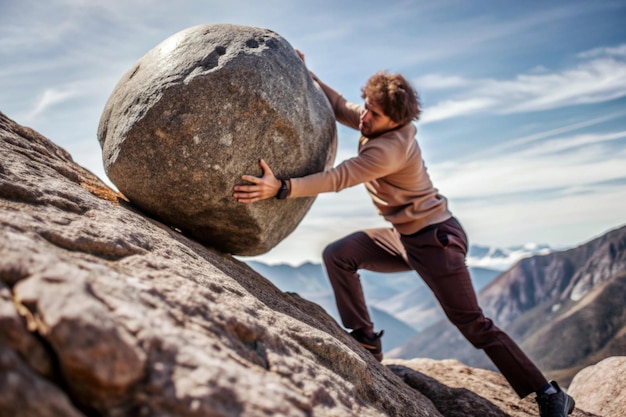 Photo a man is pushing a large rock on a mountain top