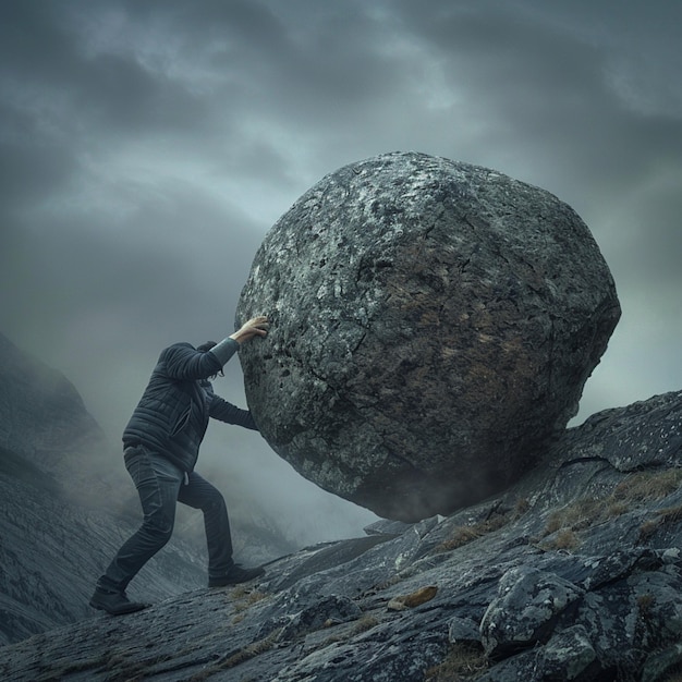 a man is pushing a large rock with a large rock in the middle