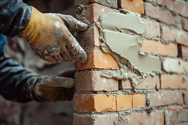 a man is putting a brick on a brick wall