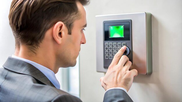 Photo a man is putting a button on a wall with a sticker that says facebook on it