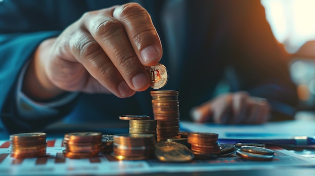 a man is putting a coin into a stack of coins