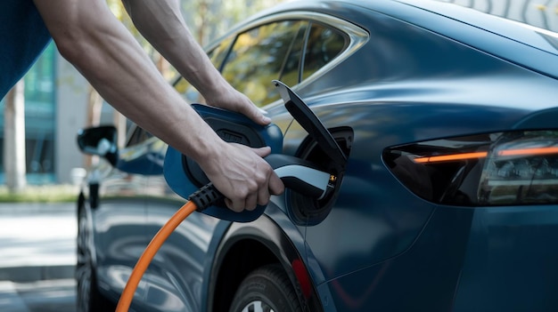 Photo a man is putting an electric car into a car