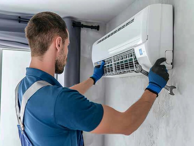 a man is putting a rack on a wall with a fan on it