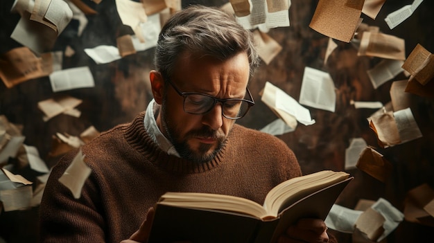 Photo a man is reading a book while papers are flying around him