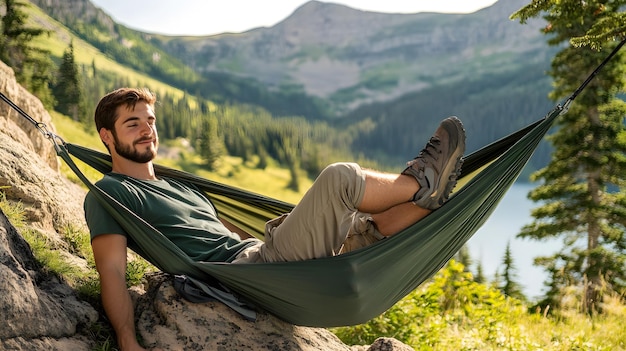 a man is relaxing in a hammock by a lake