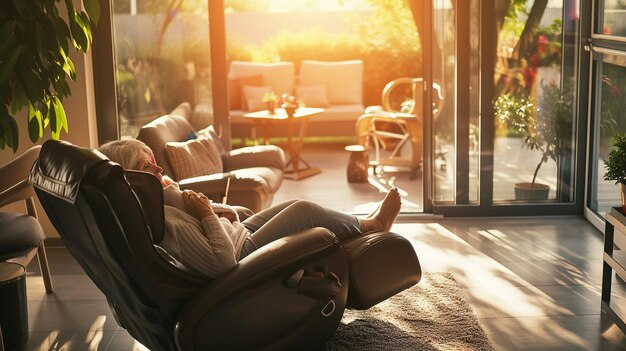 Photo a man is relaxing in a lounge chair on the floor in front of a sliding glass door