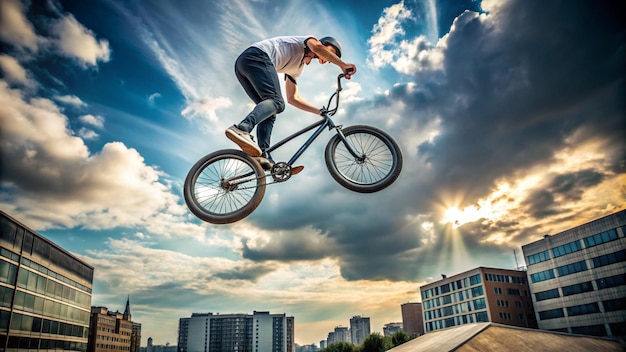 Photo a man is riding a bike in the air with a sky background