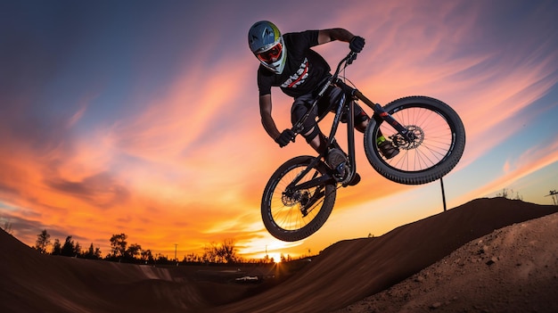 Photo a man is riding a bike in the air with the sun behind him