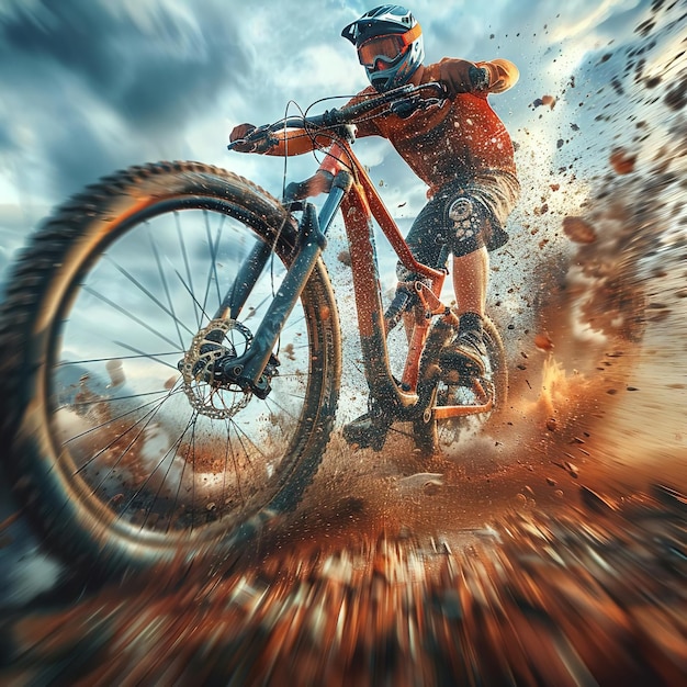 A man is riding a bike in the dirt with his helmet on The bike is in the air