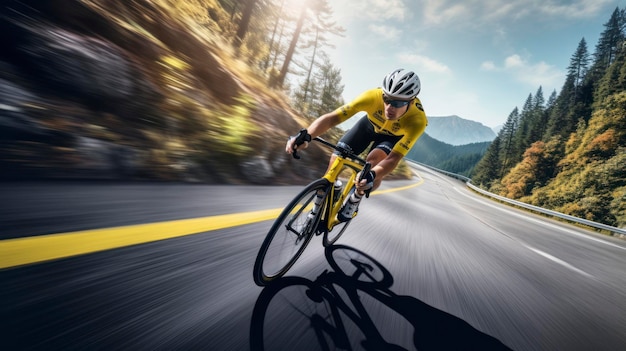 A man is riding a bike on a road with a mountain in the background