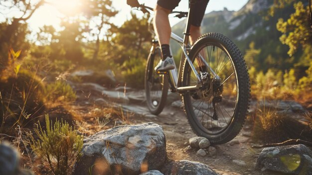 A man is riding a bike on a rocky trail