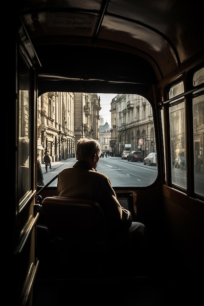 Photo a man is riding in a bus with a man on the seat.