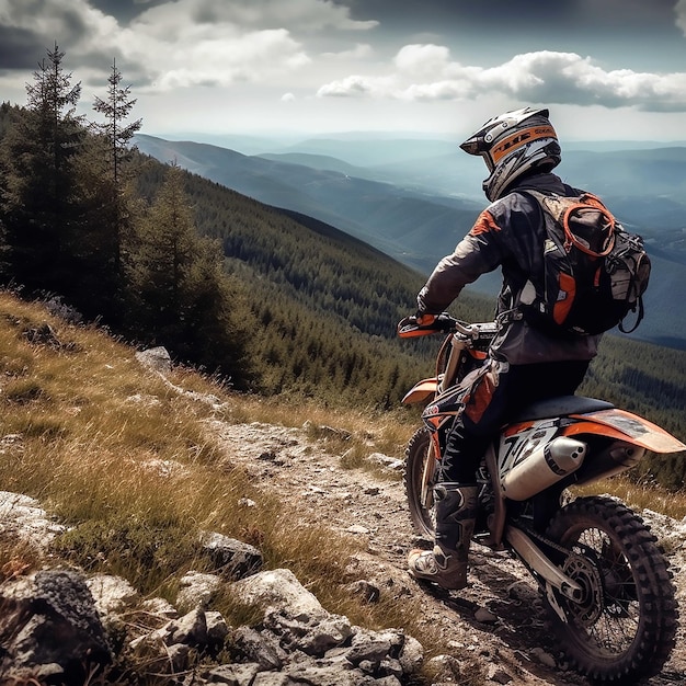 A man is riding a motorcycle on a mountain trail.