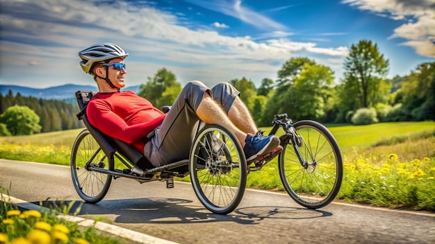 Photo a man is riding a tricycle with a red shirt on