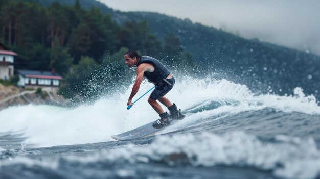 Photo a man is riding a wakeboard in the ocean