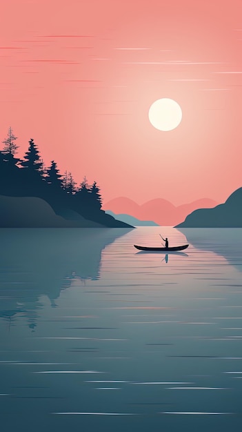 a man is rowing a boat on a lake at sunset.