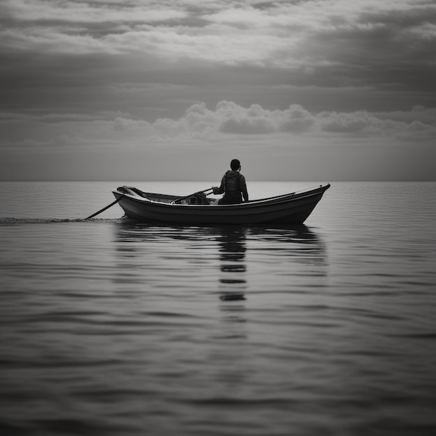 a man is rowing a boat in the ocean with a sky background